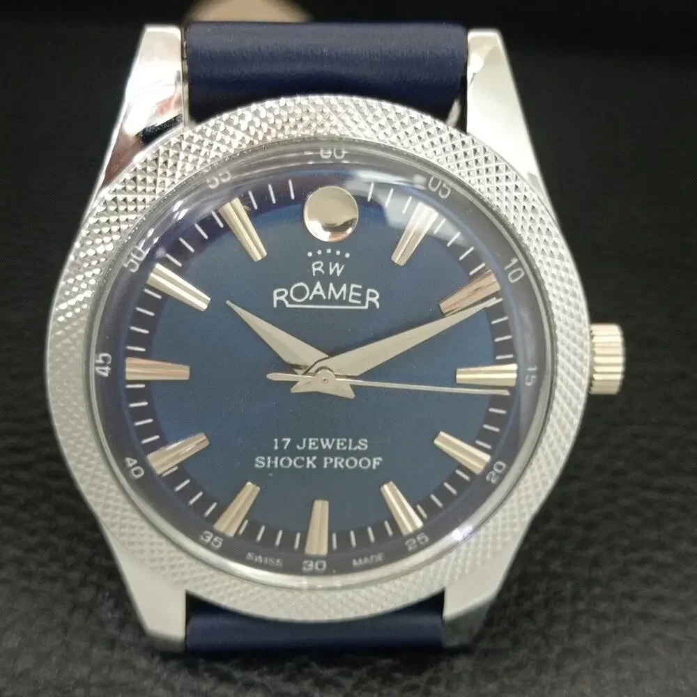 Vintage 1976 Roamer Manual Mens Silver Watch W/Leather Strap & Blue accents